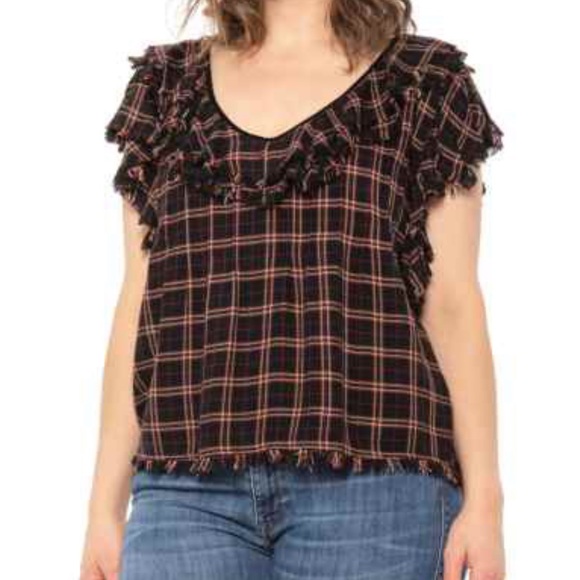 FAHERTY NWT YOSEPHA TOP HARPER PLAID BLACK RED SHORT SLEEVE XS RUFFLE - Picture 7 of 7